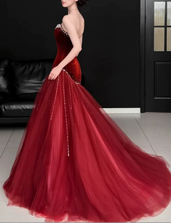 Elegant Burgundy Velvet Mermaid Tulle Strapless Sweetheart Prom Dress DP8785
