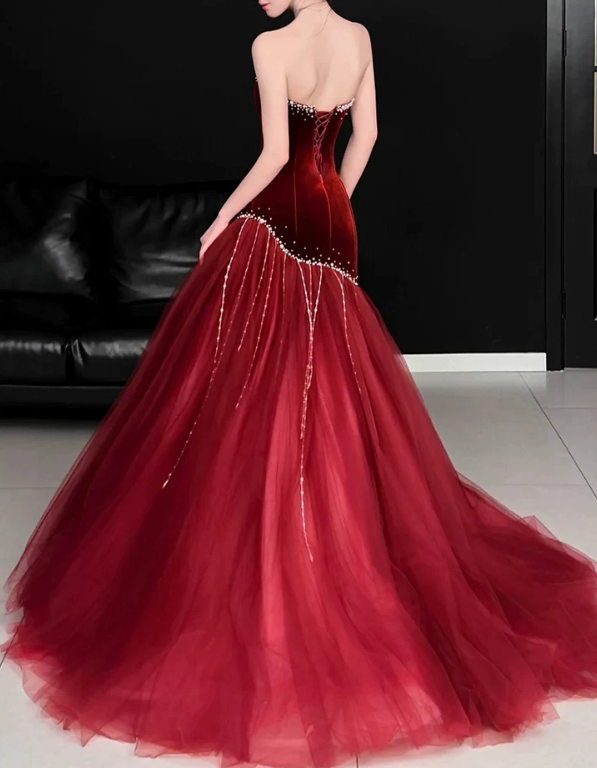 Elegant Burgundy Velvet Mermaid Tulle Strapless Sweetheart Prom Dress DP8785