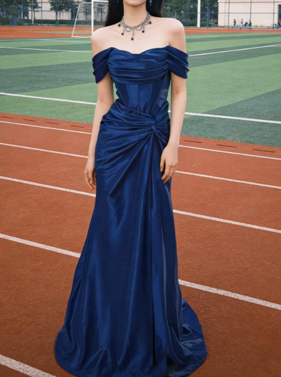Elegant Navy Blue Off-the-Shoulder Satin Mermaid Prom Dress DP8787