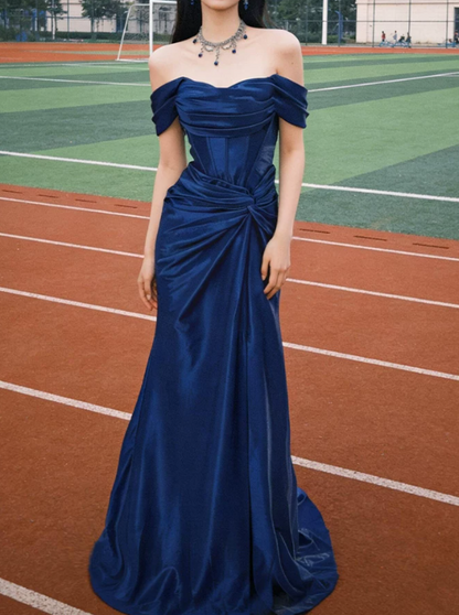Elegant Navy Blue Off-the-Shoulder Satin Mermaid Prom Dress DP8787