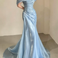 Elegant Sky Blue Satin Off-the-Shoulder Mermaid Beaded Ruched Prom Dress DP8788