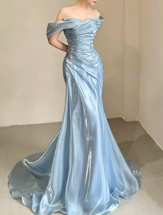 Elegant Sky Blue Satin Off-the-Shoulder Mermaid Beaded Ruched Prom Dress DP8788