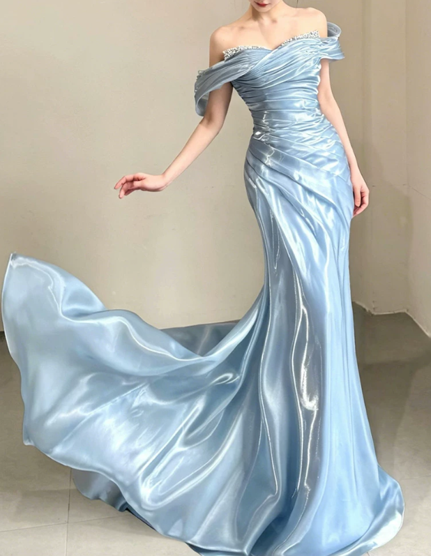 Elegant Sky Blue Satin Off-the-Shoulder Mermaid Beaded Ruched Prom Dress DP8788