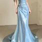 Elegant Sky Blue Satin Off-the-Shoulder Mermaid Beaded Ruched Prom Dress DP8788