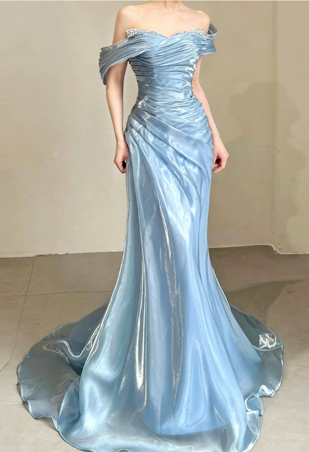 Elegant Sky Blue Satin Off-the-Shoulder Mermaid Beaded Ruched Prom Dress DP8788