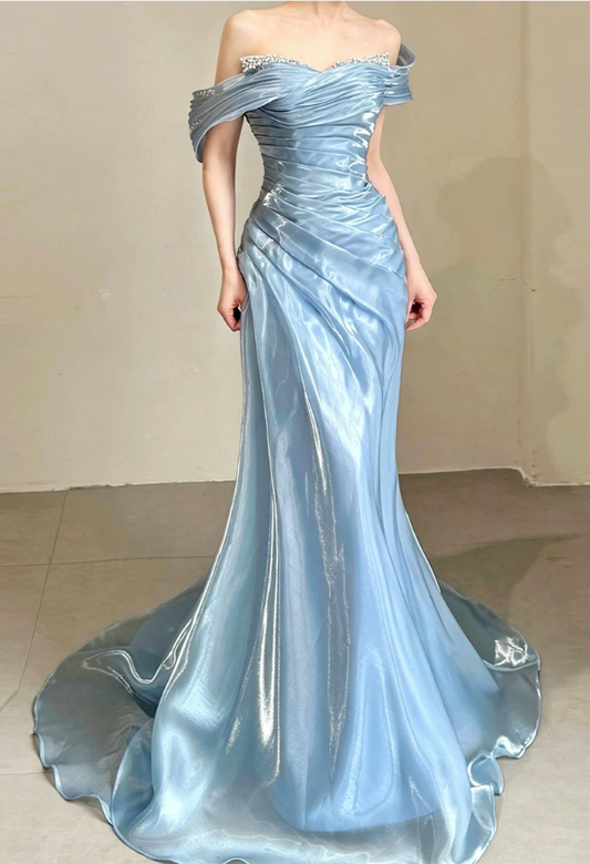 Elegant Sky Blue Satin Off-the-Shoulder Mermaid Beaded Ruched Prom Dress DP8788