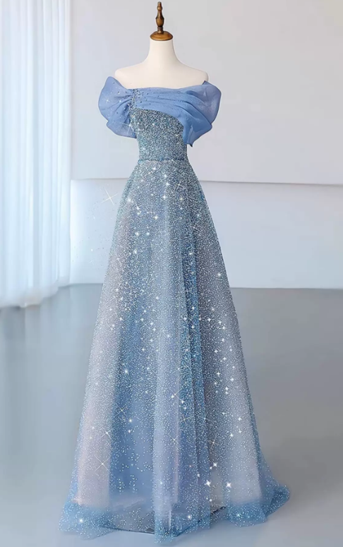 Elegant Sky Blue Off-the-Shoulder Organza Glitter Tulle A-Line Floor Length Prom Dress DP8789
