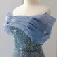 Elegant Sky Blue Off-the-Shoulder Organza Glitter Tulle A-Line Floor Length Prom Dress DP8789