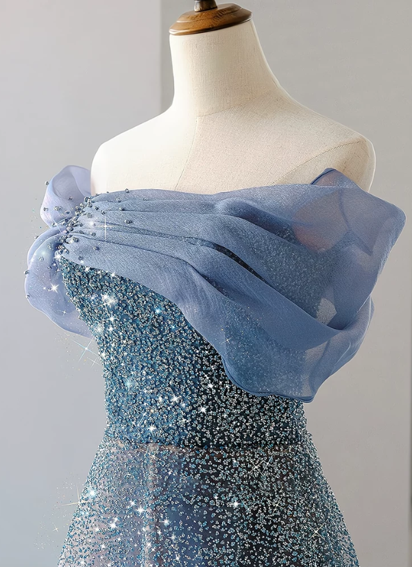 Elegant Sky Blue Off-the-Shoulder Organza Glitter Tulle A-Line Floor Length Prom Dress DP8789