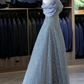 Elegant Sky Blue Off-the-Shoulder Organza Glitter Tulle A-Line Floor Length Prom Dress DP8789