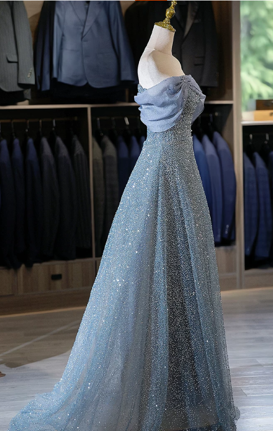 Elegant Sky Blue Off-the-Shoulder Organza Glitter Tulle A-Line Floor Length Prom Dress DP8789