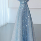 Elegant Sky Blue Off-the-Shoulder Organza Glitter Tulle A-Line Floor Length Prom Dress DP8789