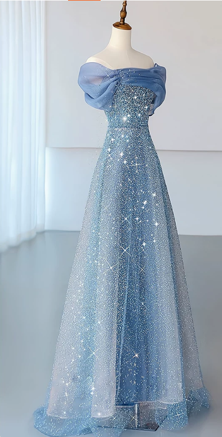 Elegant Sky Blue Off-the-Shoulder Organza Glitter Tulle A-Line Floor Length Prom Dress DP8789