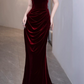 Elegant Burgundy Velvet Mermaid Sweetheart Spaghetti Straps Ruched Prom Dress DP8790