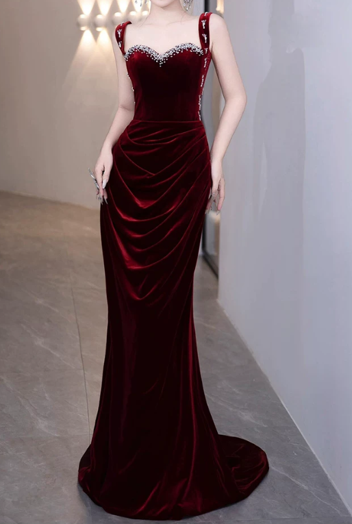 Elegant Burgundy Velvet Mermaid Sweetheart Spaghetti Straps Ruched Prom Dress DP8790