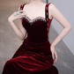 Elegant Burgundy Velvet Mermaid Sweetheart Spaghetti Straps Ruched Prom Dress DP8790
