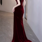Elegant Burgundy Velvet Mermaid Sweetheart Spaghetti Straps Ruched Prom Dress DP8790
