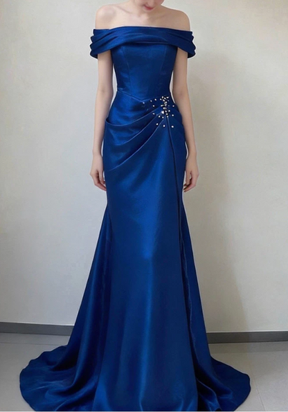 Elegant Royal Blue Off-the-Shoulder Satin Mermaid Beaded Prom Dress DP8791