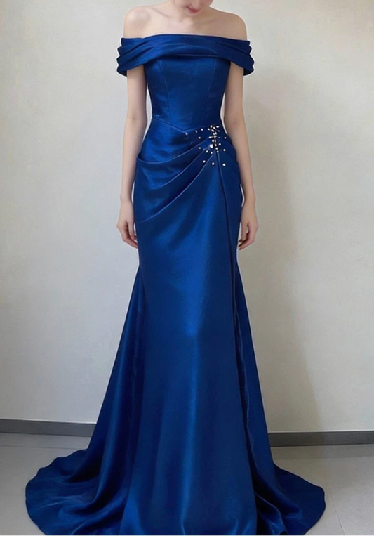 Elegant Royal Blue Off-the-Shoulder Satin Mermaid Beaded Prom Dress DP8791