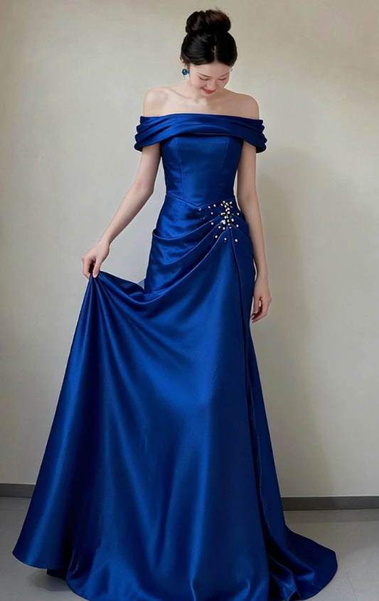 Elegant Royal Blue Off-the-Shoulder Satin Mermaid Beaded Prom Dress DP8791