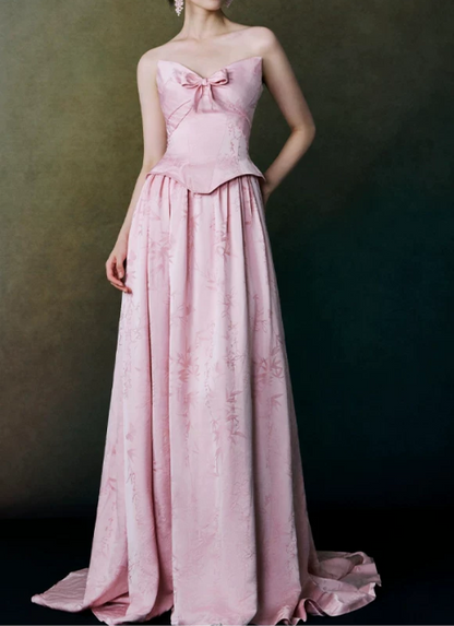 Elegant Pink Jacquard Strapless Bow A-Line Train Prom Dress DP8792