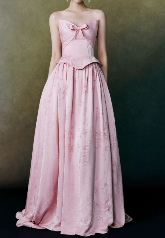 Elegant Pink Jacquard Strapless Bow A-Line Train Prom Dress DP8792