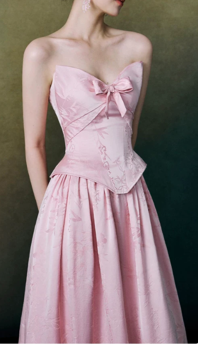 Elegant Pink Jacquard Strapless Bow A-Line Train Prom Dress DP8792