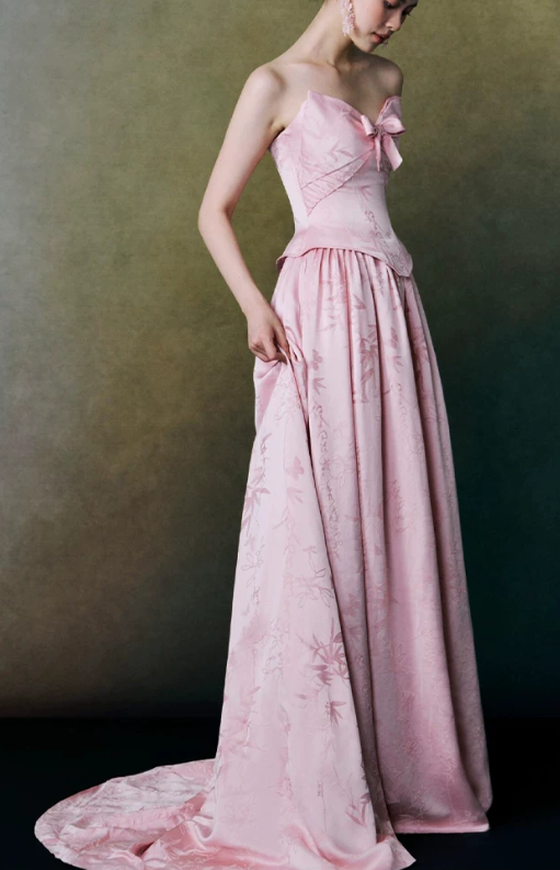 Elegant Pink Jacquard Strapless Bow A-Line Train Prom Dress DP8792