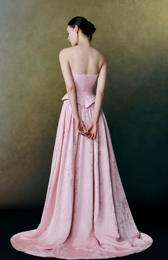 Elegant Pink Jacquard Strapless Bow A-Line Train Prom Dress DP8792