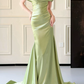 Elegant Sage Green Satin Off-the-Shoulder Mermaid Prom Dress DP8793