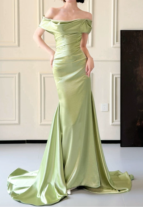 Elegant Sage Green Satin Off-the-Shoulder Mermaid Prom Dress DP8793