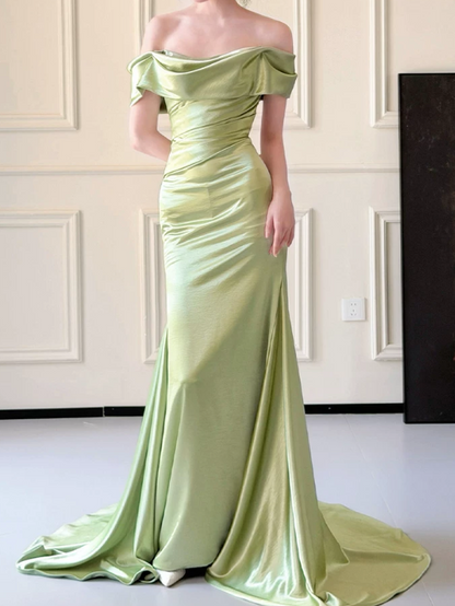 Elegant Sage Green Satin Off-the-Shoulder Mermaid Prom Dress DP8793