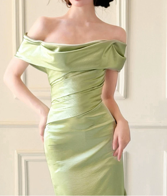 Elegant Sage Green Satin Off-the-Shoulder Mermaid Prom Dress DP8793