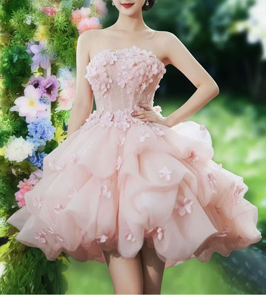 Romantic Pink Strapless 3D Floral Ruffled Tulle A-Line Homecoming Dress DP8797