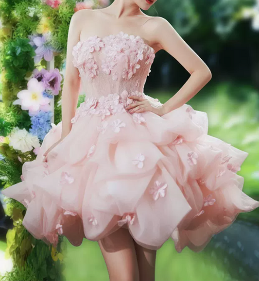 Romantic Pink Strapless 3D Floral Ruffled Tulle A-Line Homecoming Dress DP8797