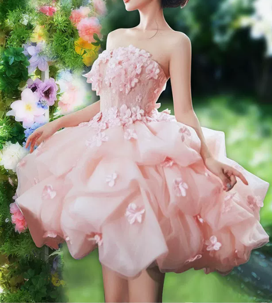 Romantic Pink Strapless 3D Floral Ruffled Tulle A-Line Homecoming Dress DP8797