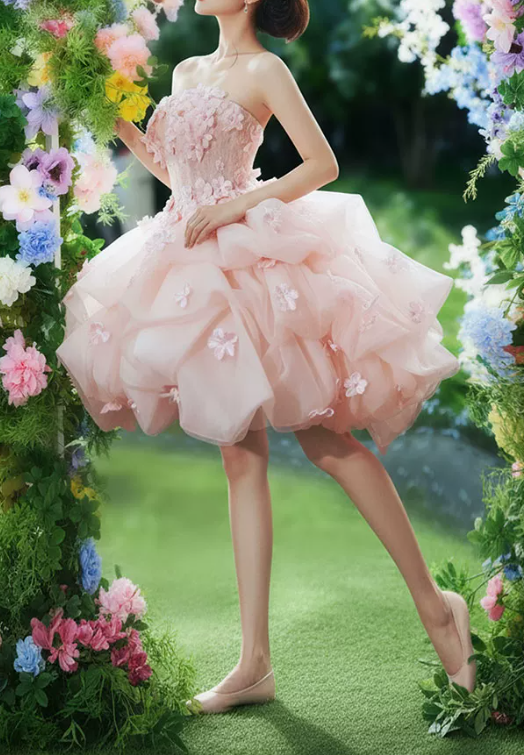 Romantic Pink Strapless 3D Floral Ruffled Tulle A-Line Homecoming Dress DP8797