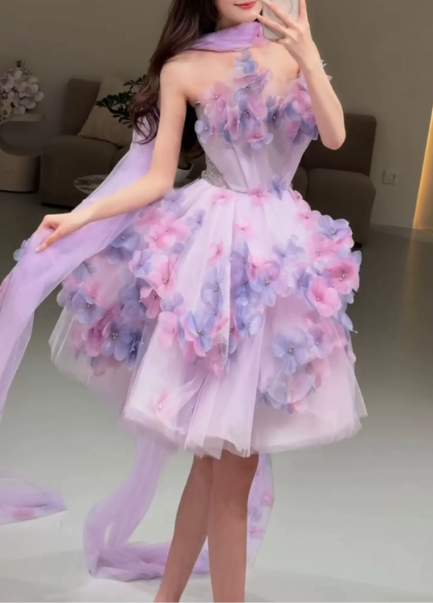 Romantic Lavender 3D Floral Strapless Tulle Short Long Flowing Scarf Homecoming Dress DP8798