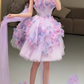 Romantic Lavender 3D Floral Strapless Tulle Short Long Flowing Scarf Homecoming Dress DP8798