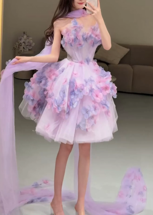 Romantic Lavender 3D Floral Strapless Tulle Short Long Flowing Scarf Homecoming Dress DP8798