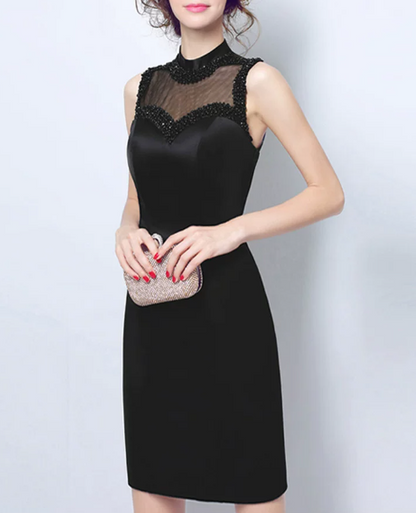 Romantic Black Satin Sheath High Neck Mesh Beaded Sleeveless Short Homecoming Dress DP8799