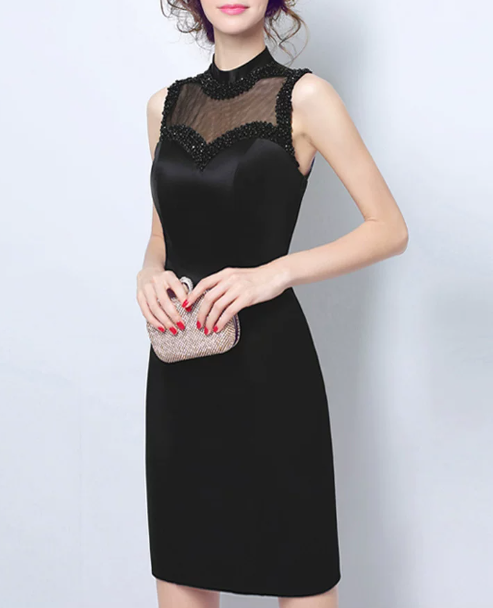 Romantic Black Satin Sheath High Neck Mesh Beaded Sleeveless Short Homecoming Dress DP8799