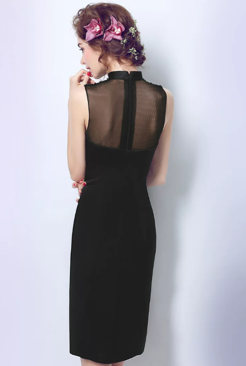 Romantic Black Satin Sheath High Neck Mesh Beaded Sleeveless Short Homecoming Dress DP8799