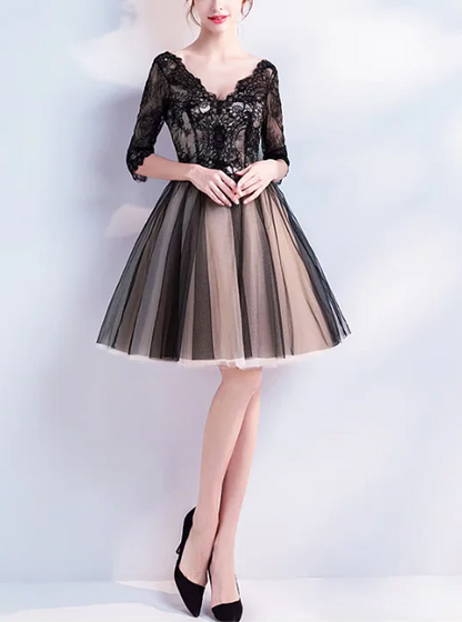 Romantic Lace V-Neck 3/4 Sleeve Short Tulle A-Line Cocktail Party Gown Homecoming Dress DP8800