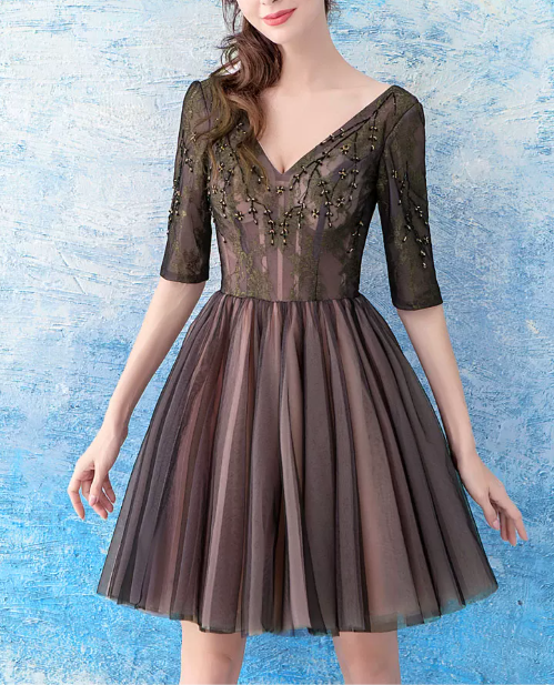 Romantic Bromwn V-Neck 3/4 Sleeve Beaded Tulle A-Line Homecoming Dress DP8801