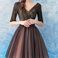 Romantic Bromwn V-Neck 3/4 Sleeve Beaded Tulle A-Line Homecoming Dress DP8801