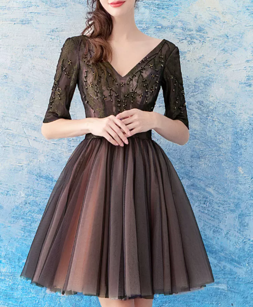Romantic Bromwn V-Neck 3/4 Sleeve Beaded Tulle A-Line Homecoming Dress DP8801