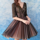 Romantic Bromwn V-Neck 3/4 Sleeve Beaded Tulle A-Line Homecoming Dress DP8801