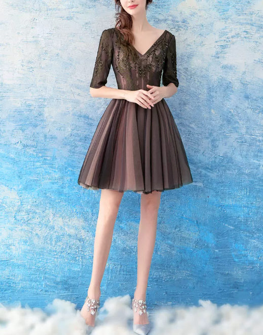Romantic Bromwn V-Neck 3/4 Sleeve Beaded Tulle A-Line Homecoming Dress DP8801