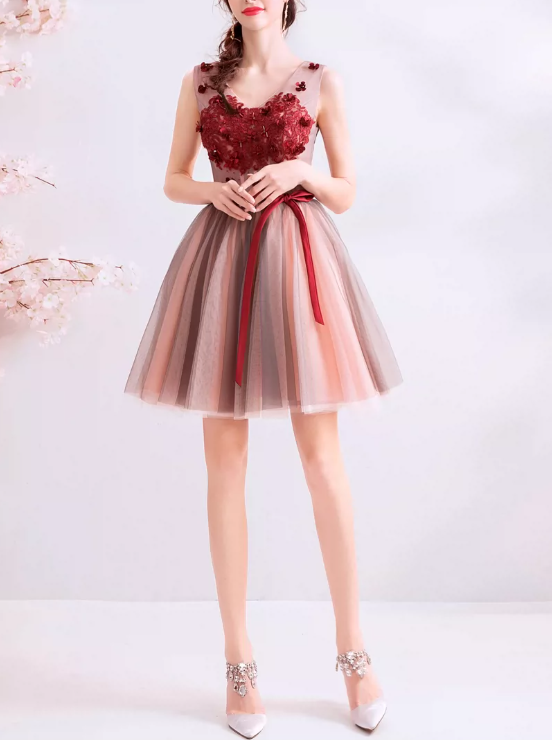 Romantic Burgundy Floral Appliques V-Neck Tulle A-Line Homecoming Dress DP8802